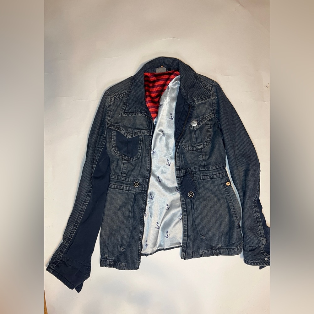 Volcom denim Jacket with silk blu & Red Lining